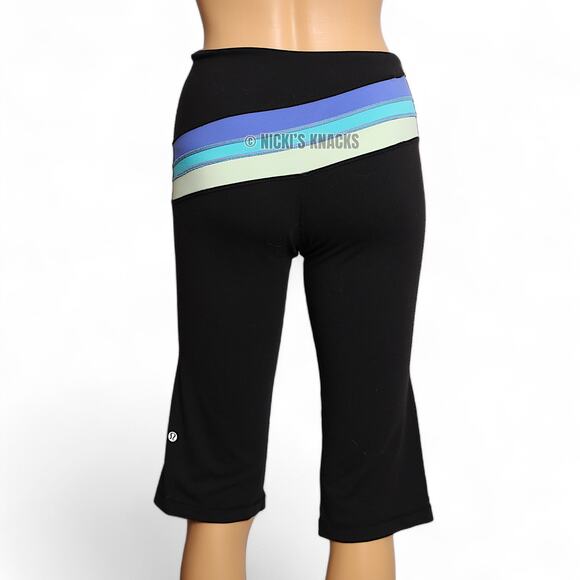 Lululemon Black Crop Yoga Pants Size 6 Retro Rainbow Waistband Luon Leggings - Picture 7 of 10